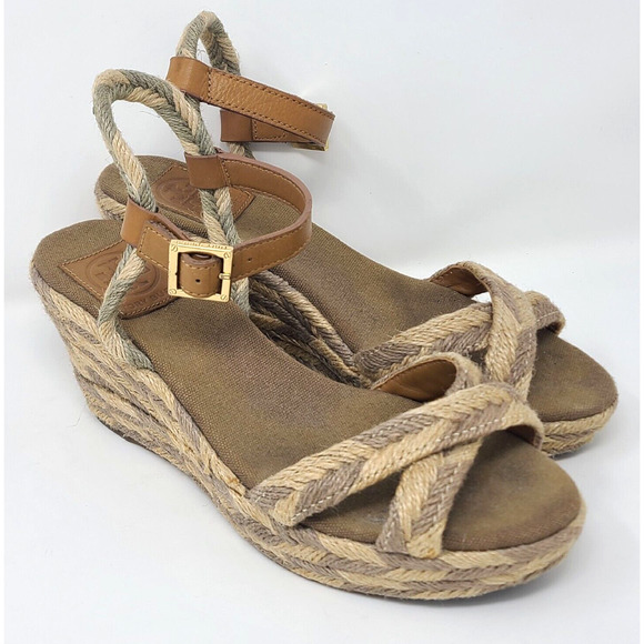 Tory Burch Shoes - Tory Burch Camelia Wedge Espadrilles Sandals Tan Ankle Strap Leather Size 8M